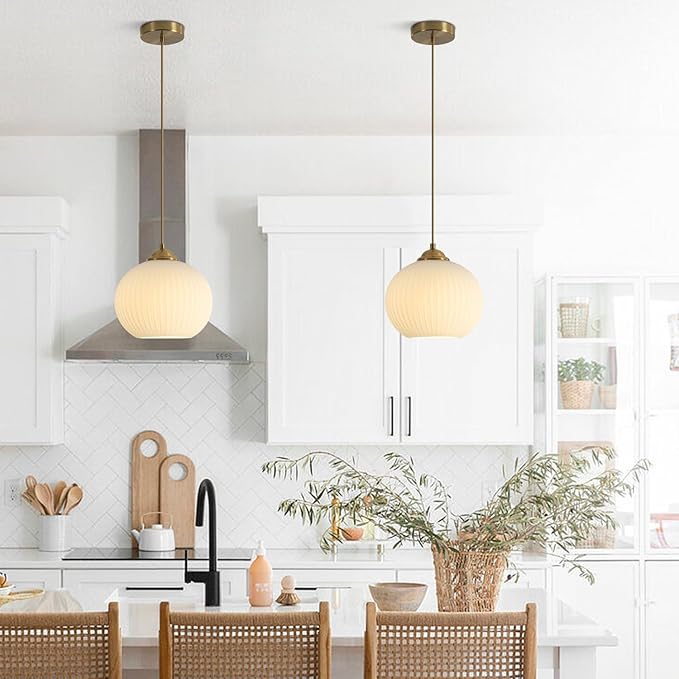 KCO Lighting Mid Century Modern Globe Pendant Light Ribbed Glass Ceiling Light Gold Hanging Light Fixtures Antique Brass Kitchen Island Pendant Lights Round Pendant Light Fixture (2 Pack)