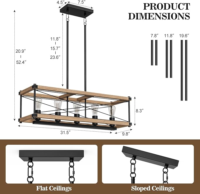 Farmhouse Kitchen Island Lighting, 5-Light Solid Wood 31.5” Dining Room Pendant Light Fixtures, Rustic Chandelier with Adjustable Height for Dining Room Kitchen Bar Pool Table (Natural Wood)