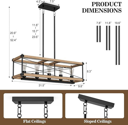 Farmhouse Kitchen Island Lighting, 5-Light Solid Wood 31.5” Dining Room Pendant Light Fixtures, Rustic Chandelier with Adjustable Height for Dining Room Kitchen Bar Pool Table (Natural Wood)