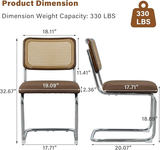 Linen Dining Chair Set of 2 Arched Rattan Square Back Stainless Chrome Base Upholstered Side Chair for Dining Room, Kitchen Island,Coffee