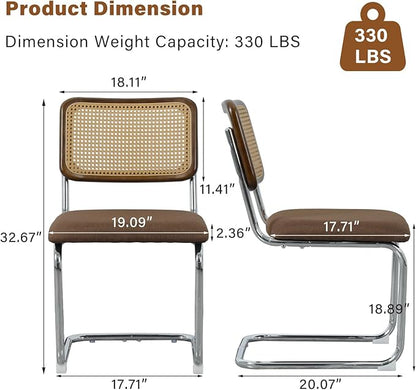 Linen Dining Chair Set of 2 Arched Rattan Square Back Stainless Chrome Base Upholstered Side Chair for Dining Room, Kitchen Island,Coffee