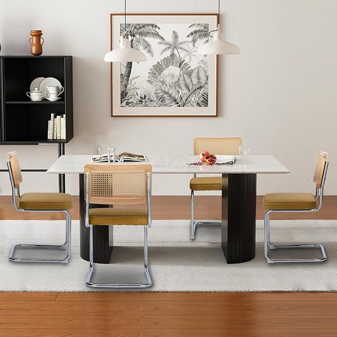 Rattan Back Velvet Dining Chair Set of 4 Modern Breuer Designed Stainless Chrome Base Armless Upholstered Dining Chair for Dining Room, Kitchen Island(Gold)