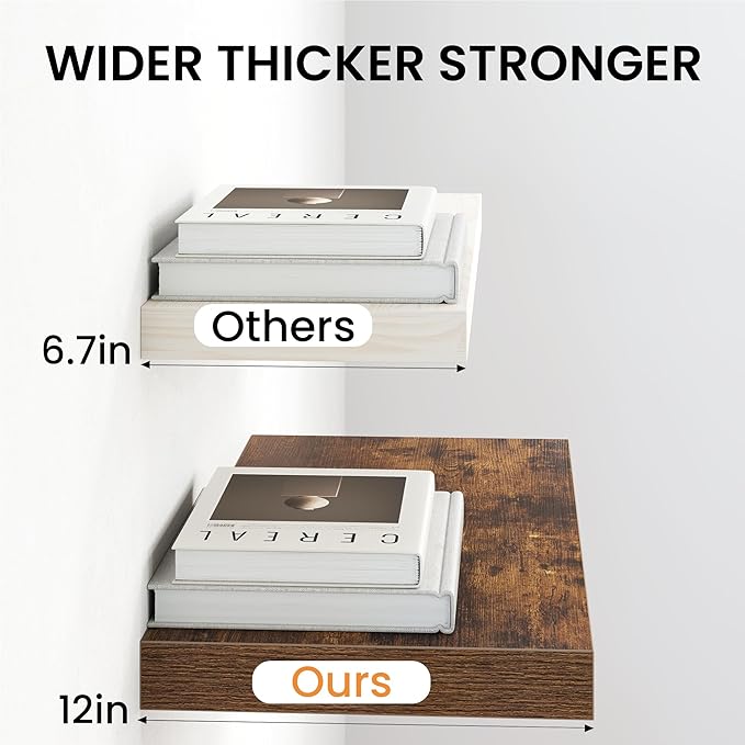 12 Inch Deep Floating Shelves, 60W x 12D Floating Shelf for Books, Rustic Wood Deep Wall Shelves for Home Storage & Display, 1.5" Thicked Shelves for Kitchen, Living Room, Bedroom, Brown, 2 Pack