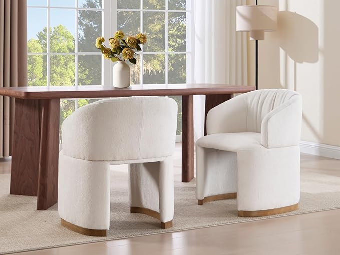 Barrel Dining Chairs Set of 3 - Accent Armchairs with Upholstered Curved Backrest, Modern Chenille Side Chairs for Dining Room/Living Room/Kitchen Island, Beige