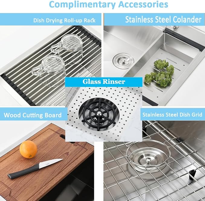 33 Inch Undermount Kitchen Sink with Glass Rinser -Bokaiya 33x19 Stainless Steel Kitchen Sinks Undermount Workstation Sink 16 Gauge Multifunctional Single Bowl Deep Kitchen Sink with Cutting Board
