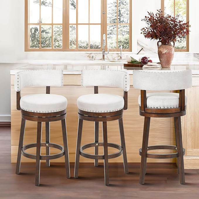 COLAMY Swivel Bar Stools Set of 3, Counter Height Barstools with Back, 30 Inch Modern Upholstered for Kitchen Island, Beige