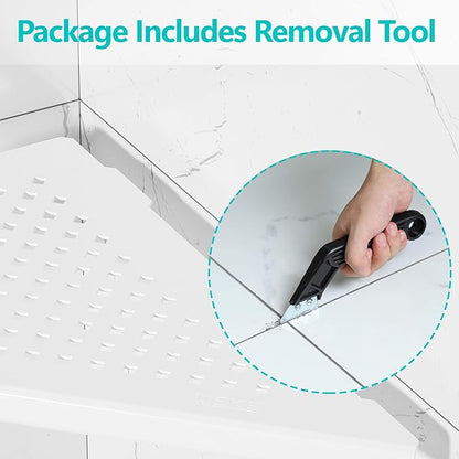 Qeke Corner Shower Shelves, 10” Recessed Tile Shower Shelf Matte White, 304 Stainless Steel Grout in Corner Tile Shower Shelves, No Drilling, 2 Pack