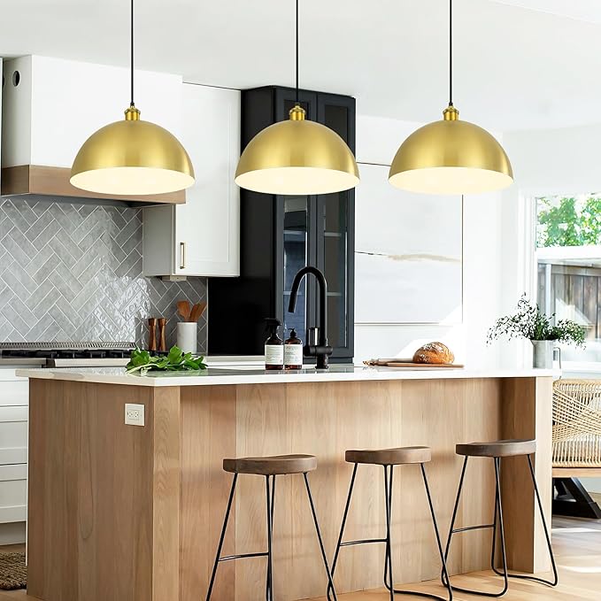 Gold Pendant Light, 12" Farmhouse Ceiling Light with Gold and White, Elegant Semi-Circular Shade Design, Adjustable Height Industrial Dome Pendant Lights for Kitchen Island, Dining Room