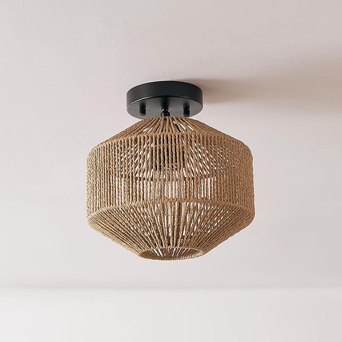 GLOBE Electric 65902 1-Light Flush Mount Ceiling Light, Matte Black, Paper Twine Shade