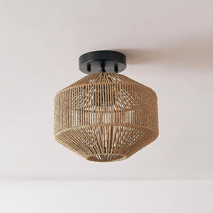 GLOBE Electric 65902 1-Light Flush Mount Ceiling Light, Matte Black, Paper Twine Shade