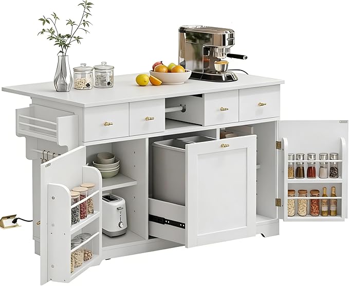 YITAHOME 59" Rolling Kitchen Island with Drop Leaf & Power Outlet, Double Pull-Out Kitchen Trash Can, Fits 10-Gal Waste Bin, Portable Islands on Wheels with Door Storage & Spice Rack, White