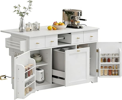 YITAHOME 59" Rolling Kitchen Island with Drop Leaf & Power Outlet, Double Pull-Out Kitchen Trash Can, Fits 10-Gal Waste Bin, Portable Islands on Wheels with Door Storage & Spice Rack, White