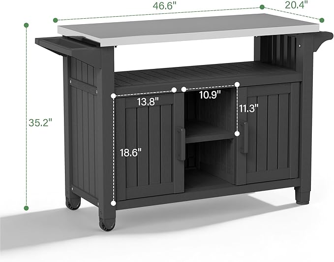 Bifanuo Resin Outdoor Kitchen Island with Stainless Steel Top & Storage Cabinet for Kitchen Prep, Weatherproof Outdoor Grill Table/Cart for BBQ Food Prep, Black
