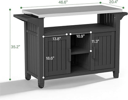 Bifanuo Resin Outdoor Kitchen Island with Stainless Steel Top & Storage Cabinet for Kitchen Prep, Weatherproof Outdoor Grill Table/Cart for BBQ Food Prep, Black