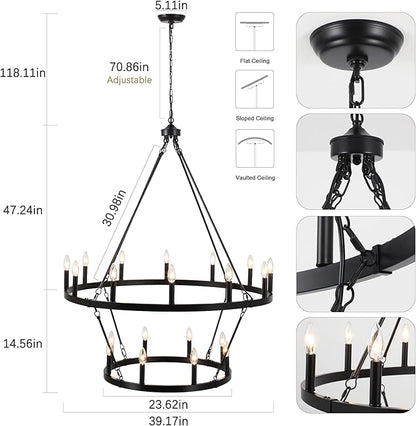 Black Wagon Wheel Chandelier 2 Tier 20-Lights 40 Inch Extra Large Farmhouse Light Fixture Rustic Lighting Round Chandeliers for Dining Room Kitchen Island Foyer Entryway