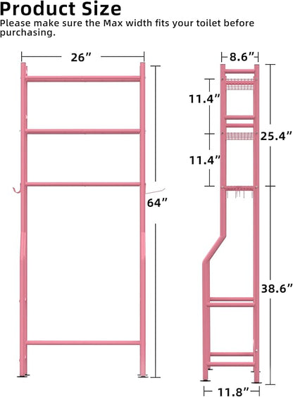Livilord 3-Tier Over The Toilet Storage, Freestanding Metal Bathroom Shelves with 4 Hooks, Over Toilet Storage Shelf with Paper Holder, Above The Toilet Shelf for Bathroom Storage, Pink