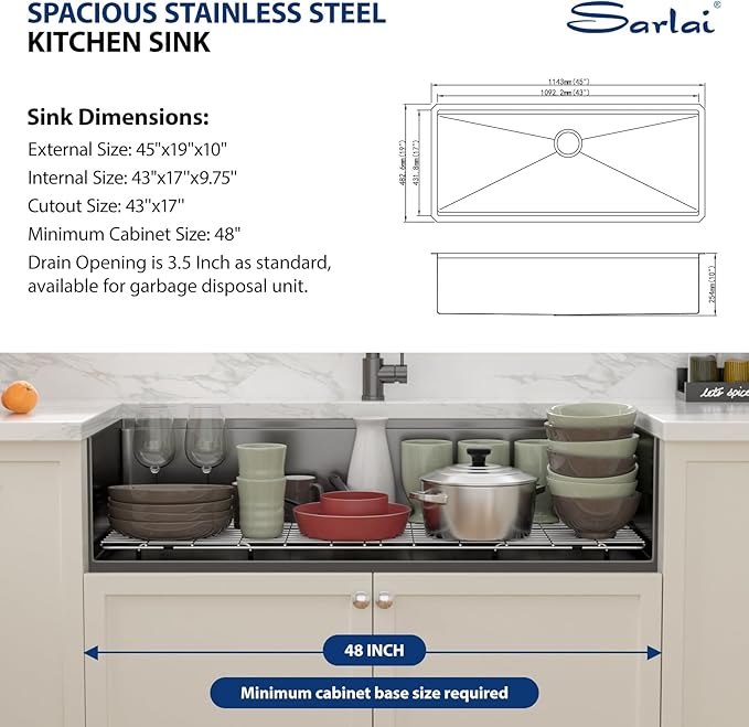 Sarlai 45 Black Undermount Kitchen Sink Workstation NANO-PVD Kitchen Sink with Ledge Round Corner 16 Gauge Stainless Steel Gunmetal Black Single Bowl Sinks Basin 45"x19"x10"