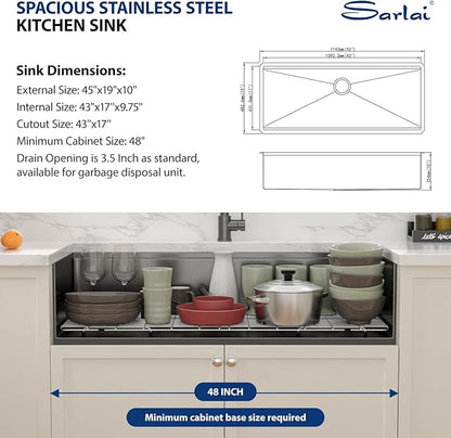 Sarlai 45 Black Undermount Kitchen Sink Workstation NANO-PVD Kitchen Sink with Ledge Round Corner 16 Gauge Stainless Steel Gunmetal Black Single Bowl Sinks Basin 45"x19"x10"