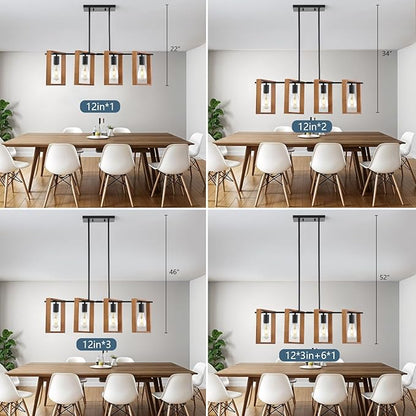 9MMML 4 Lights Island Light for Kitchen,Farmhouse Industrial Rectangle Pendant Light, Black Body+Wood Frame Vintage Chandelier for Dining&Living Room Pool Table Hallway Entryway Foyer,E26