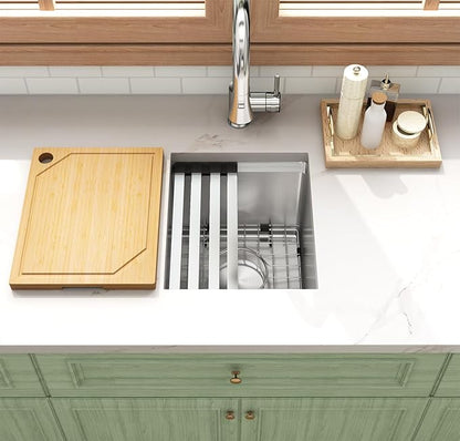 LQS 13 Inch Undermount Bar Sink, Stainless Steel RV Kitchen Sink, 10" Depth Small RV Kitchen Sink, 16 Gauage Stainless Steel Material, Workstation Ledge With Cutting Board and Abundant Accessories
