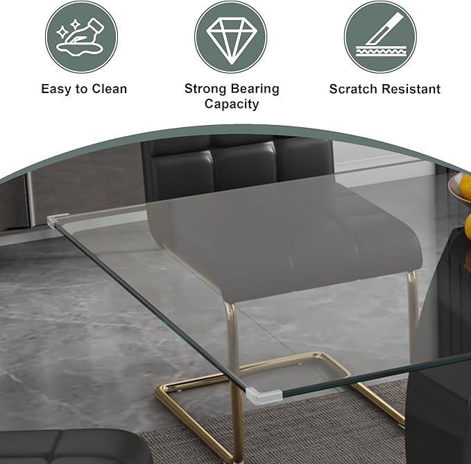 63" Glass Dining Table, Rectangular Kitchen Table with Tempered Glass Tabletop and Black O-Shaped MDF Base, Modern Dining Room Table for Kithchen, Living Room