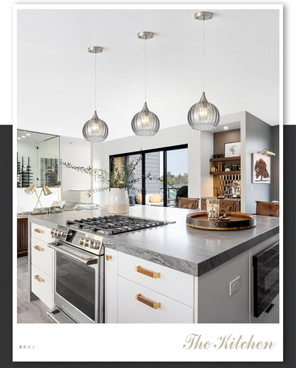 Brushed Nickel Pendant Lights Kitchen Island, Globe Pendant Light Fixtures with 8 Inch Clear Glass Shade, Modern Hanging Light Fixtures for Kitchen, Bedroom (2 Pack - Gray Glass Pendant Light)