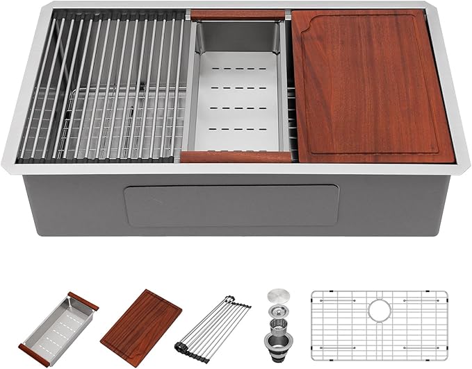 Undermount Kitchen Sink 33 Inch Single Bowl - Beslend Heavy-Duty 16 Gauge Stainless Steel Workstation, 10 Inch Deep Ledge Basin with Customized Accessories for Home Kitchen/Renovation