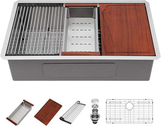 Undermount Kitchen Sink 33 Inch Single Bowl - Beslend Heavy-Duty 16 Gauge Stainless Steel Workstation, 10 Inch Deep Ledge Basin with Customized Accessories for Home Kitchen/Renovation
