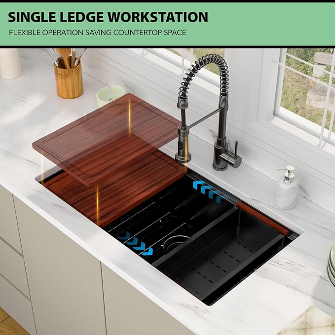 33 Inch Matte Black Workstation Kitchen Sink - Premium NANO-PVD Coated Undermount Sink, 16 Gauge Deep Single Bowl with Accessory Ledge & Round Corner, Fits 36” Cabinet (33"x19"x10")