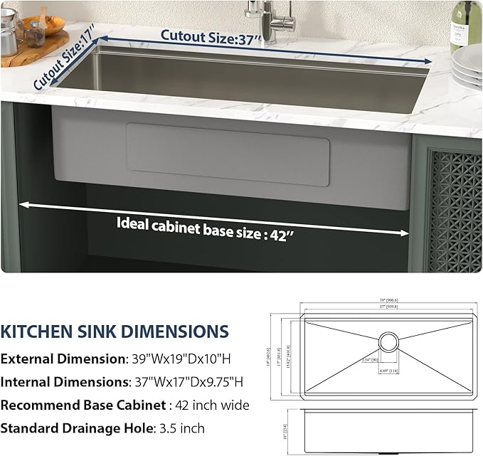 Lordear 39 Inch Undermount Kitchen Sink Workstation Large Single Bowl Under Counter Kitchen Sink T304 16 Gauge Stainless Steel Basin 39x19X10 Inch