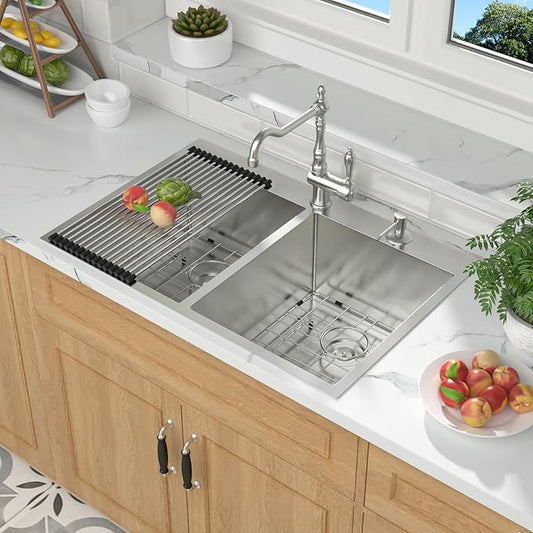 Mocoloo 33 Drop In Kitchen Sink Double Bowl 33 x 22 Drop Sink Double Bowl 50/50 T304 Stainless Steel 16 Gauge Topmount Handmade, 10 Inch Deep