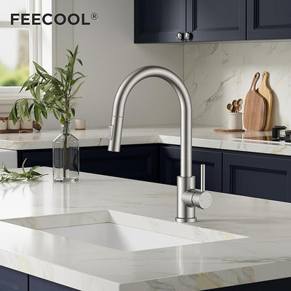 Kitchen Sink Faucet with Pull Down Sprayer, Brushed Nickel Stainless Steel Kitchen Faucets Classic High Arc Single Handle with Deck Plate for 1 or 3 Hole, Fit for Farmhouse Bar Laundry Camper
