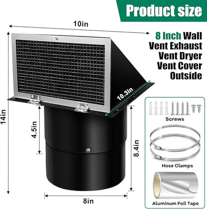 8 Inch Wall Vent Cover with Screen and Damper for Kitchen Range Hood Dryer Duct, Black