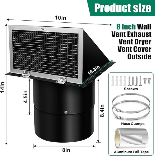 8 Inch Wall Vent Cover with Screen and Damper for Kitchen Range Hood Dryer Duct, Black