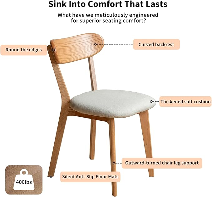 Solid Wood Dining Chair – FAS-Grade Oak, Curved Backrest with Pear White Thick Upholstered Seat, Heavy Duty 400 lb Capacity, Single Dining Chair for Breakfast Nook, Kitchen, Home Office & Dining Room