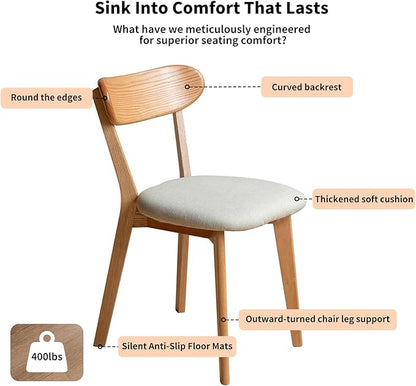 Solid Oak Wood Dining Chairs Set of 6,Mid Century Modern Dining Chairs with Padded Seat - FAS-Grade North American Oak, Ergonomic Curved Backrest, 400 lb Capacity, for Dining Room Kitchen