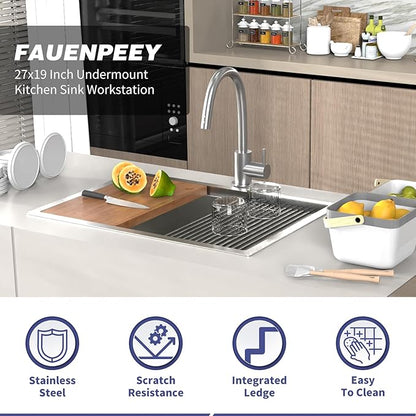 Kitchen Sink Workstation,27"x19" Stainless Steel Undermount Single Bowl Sink Built-in Ledge Drop In Workstation Sink Design For Placing/Sliding Accessories-Cutting Board And Drying Rack