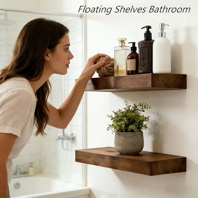 BBE Floating Shelves for Room Wall Rustic Walnut Wooden Bathroom Wall-Mounted Shelf Over Toilet Decor 16 Inch Storage Wood Shelves for Living Room, Bedroom, Kitchen Farmhouse 16D x 6.7W Set of 2