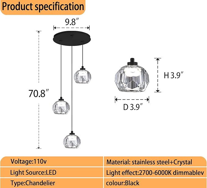 3-Light Crystal Pendant Light Black LED Crystals Ball Chandeleir Enhance Kitchen Island, Bathroom, Bedroom, and Bar