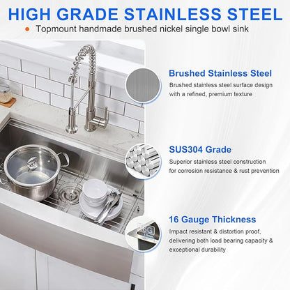 33 Inch Farmhouse Sink, 33x20 Stainless Steel Undermount Single Bowl Apron Front Handmade 16 Gauge 9" Deep Farm Kitchen Sink Workstation with Accessories