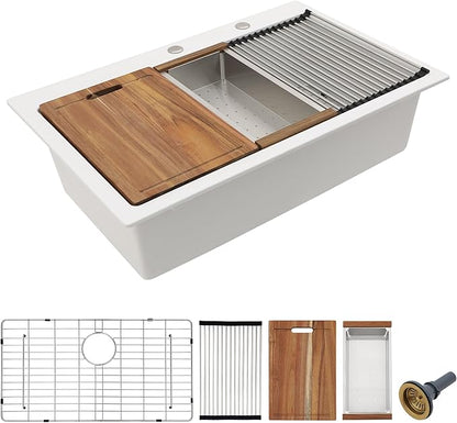 33 Granite Composite Kitchen Sink - Fulorni 33"x22" Granite Kitchen Sink White Ledge Workstation Drop-In Topmount Quartz Classic Above Counter Single Bowl Basin