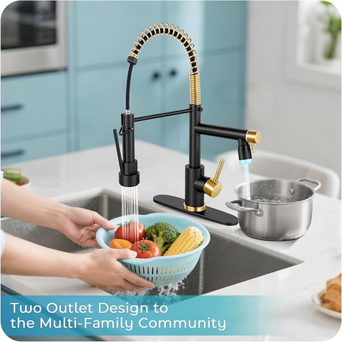 LED Kitchen Faucet with Pull Down Sprayer - Black & Brushed Gold Single Handle Commercial Kitchen Faucets, 2-Spout Kitchen Sink Faucet, Stainless Steel Spring Pull Out Sink Faucet 1/3 Hole