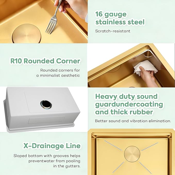 Gold Undermount Kitchen Sink 32 Inch, 16 Guage Stainless Steel Workstation Sinks with Ledge & Accessories, 32" x 18" x 6" Single Bowl ADA-Compliant Large Sink, 6 Inch Depth Gold ADA Sink