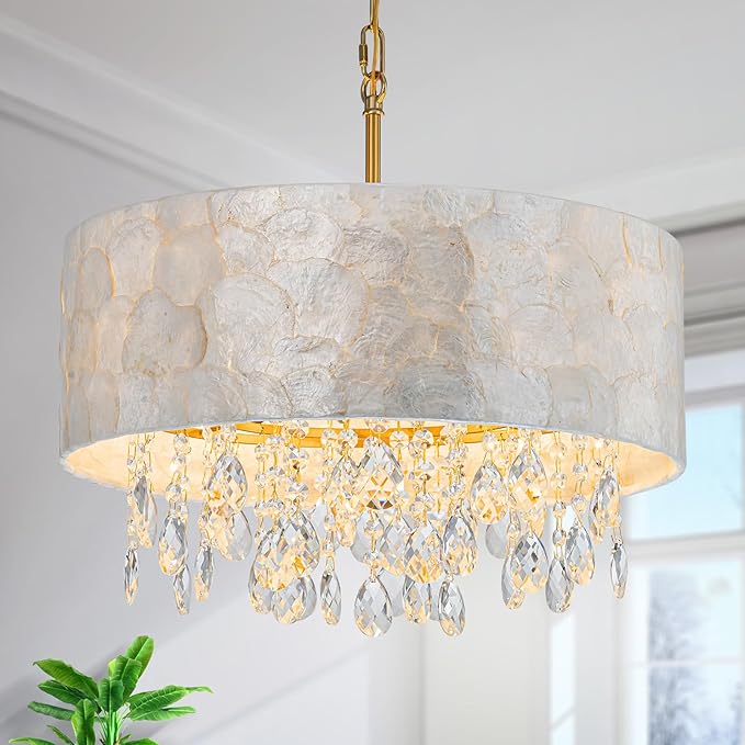 LumFurn 4-Light Drum Capiz Shell Crystal Chandeliers, Coastal Style Pendant Light Fixture for Dining Room, Living Room, D18 x 21~68"(Adjustable), Shell Lampshade & Gold Finish
