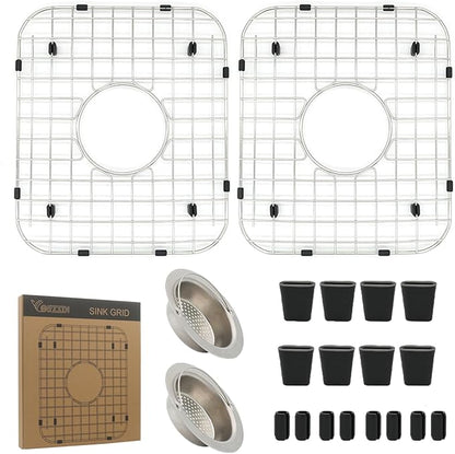 2 Pack 11-3/4"x13-7/8 Sink Grid - 304 Stainless Steel Heavy Duty Kitchen Sink Protector Rack with Center Drain & Built-in Strainer, Scratch Resistant Bottom
