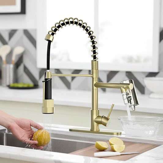 AIMADI Gold Kitchen Faucet with Water Filter and Deck Plate, Commercial Spring Brushed Gold Pull Down Kitchen Sink Faucet for Drinking Water, Farmhouse, RV, Utility or Laundry Sink