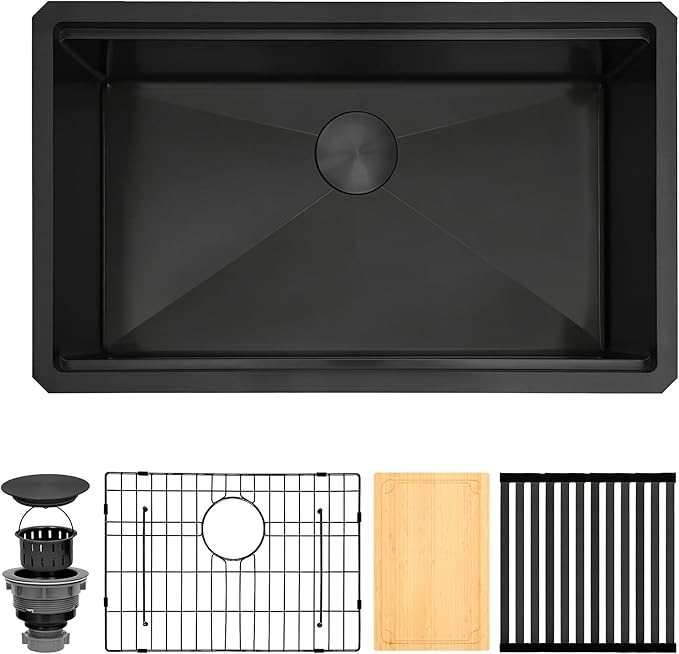 Black Undermount Kitchen Sink,16 Guage 304S Stainless Steel Workstation Sinks with Full Set Accessories, 30" x 18" x 10" Large and Deep Single Bowl Kitchen Sink