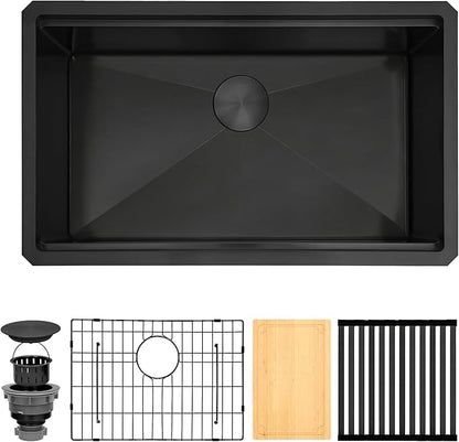 Black Undermount Kitchen Sink,16 Guage 304S Stainless Steel Workstation Sinks with Full Set Accessories, 30" x 18" x 10" Large and Deep Single Bowl Kitchen Sink