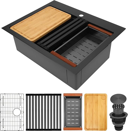 28 Inch Black Drop In Kitchen Sink, 16 Gauge Stainless Steel Single Bowl Topmount Kitchen Sink With All Accessories, 28"x22"x9" Workstation Sink