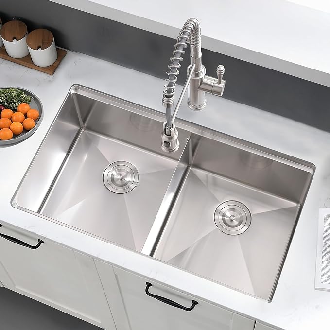 33 Inch Undermount Kitchen Sink Double Bowl - 16 Gauge Stainless Steel Undermount Double Bowl Workstation Kitchen Sink 50/50, 33x19 Inch